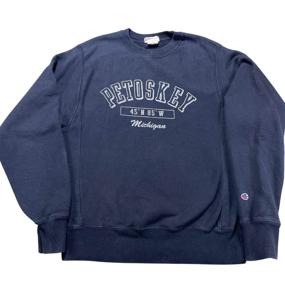 Champion Reverse Weave Sweatshirt Mens Small Blue Petoskey Michigan Fleece